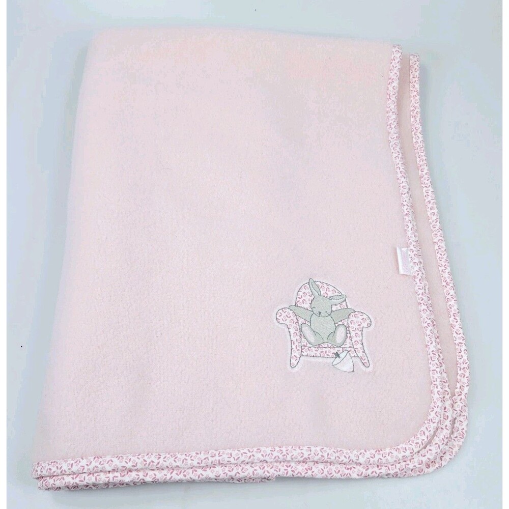 Carters Fleece Vintage Blanket Bunny In Chair Embroidered Floral Border 80s Pink